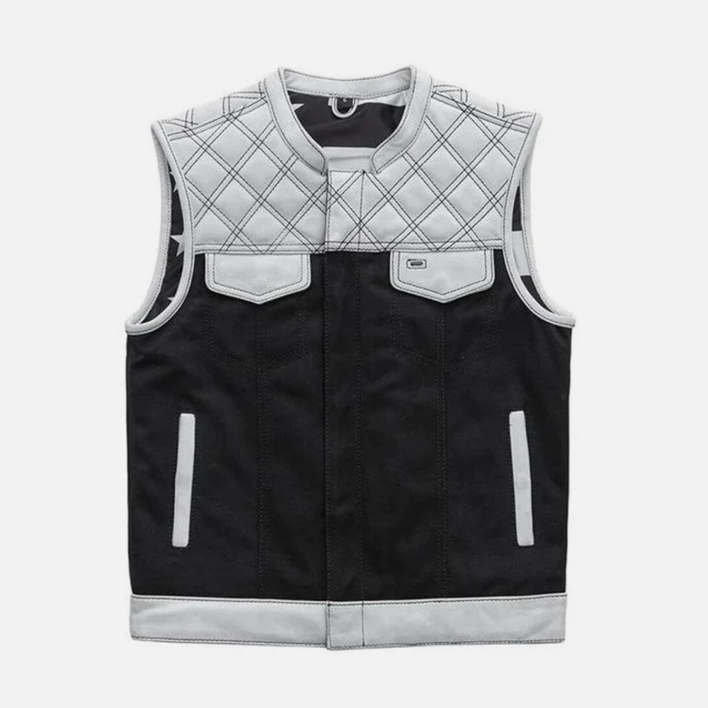 Hunt Club Mens White Denim & Leather Motorcycle Biker Concealed Carry Vest
